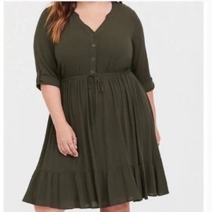 TORRID OLIVE BUTTON FRONT GAUZE SKATER DRESS 3X